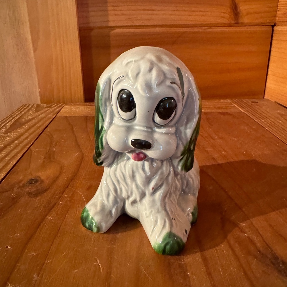 5” vintage 1960”s Grey ceramic dog with big eyes planter